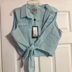 Collectif Blue Sleeveless Crop Button Down Shirt